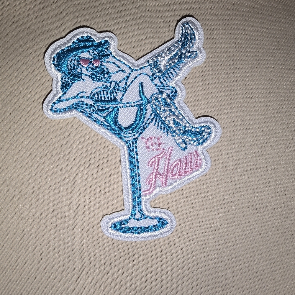 Blue and Pink Embroidered Patch Coastal Cowgirl In Cocktail Glass Yeehaw